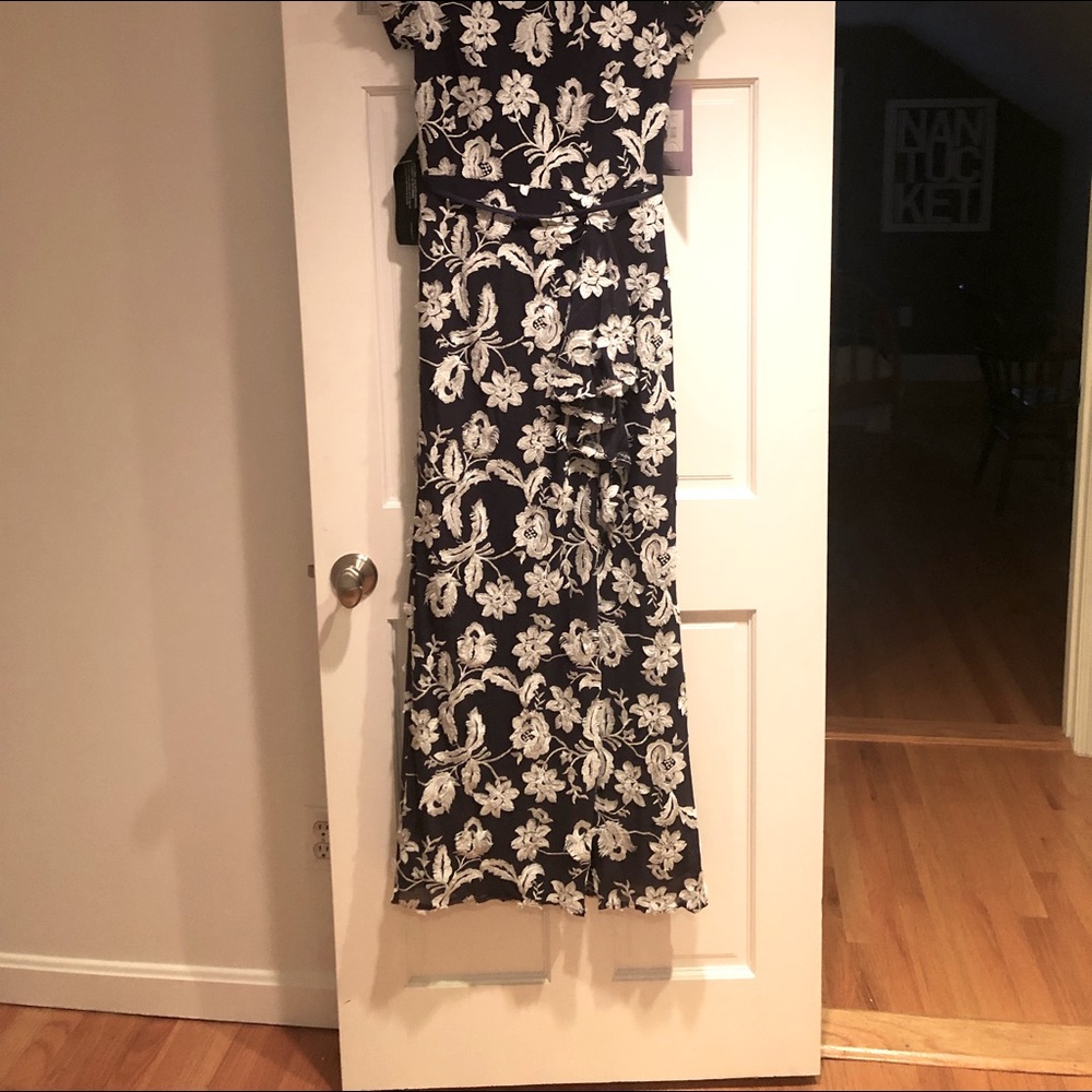 Navy with cream and silver thread appliqué